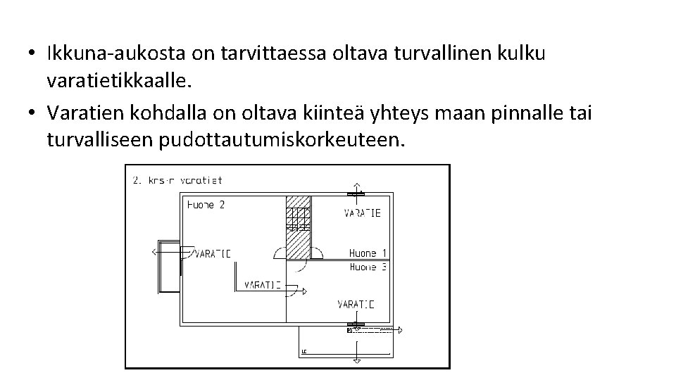 • Ikkuna aukosta on tarvittaessa oltava turvallinen kulku varatietikkaalle. • Varatien kohdalla on • Ikkuna aukosta on tarvittaessa oltava turvallinen kulku varatietikkaalle. • Varatien kohdalla on