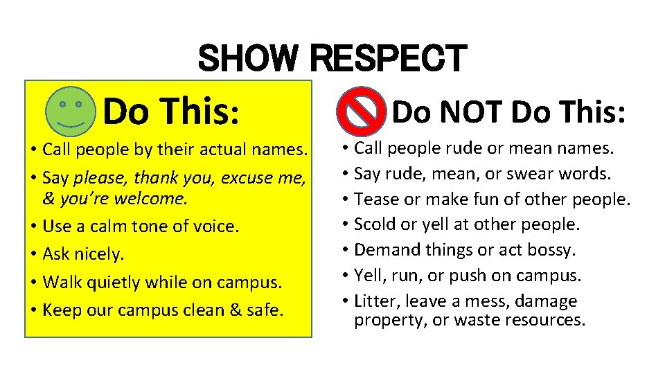 SHOW RESPECT Do NOT Do This: • Call people by their actual names. •