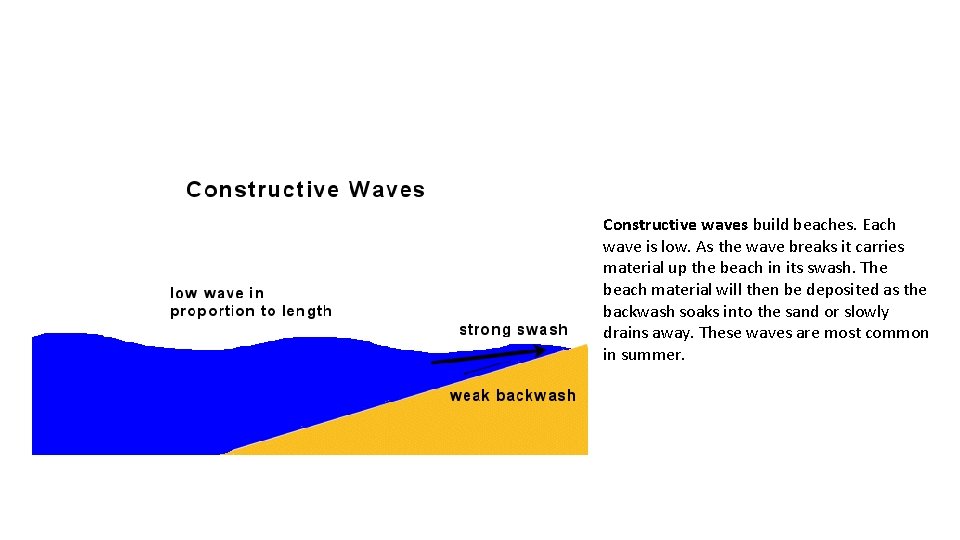 Constructive waves build beaches. Each wave is low. As the wave breaks it carries