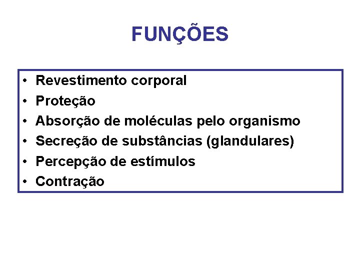FUNÇÕES • • • Revestimento corporal Proteção Absorção de moléculas pelo organismo Secreção de FUNÇÕES • • • Revestimento corporal Proteção Absorção de moléculas pelo organismo Secreção de