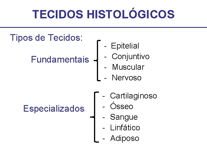 TECIDOS HISTOLÓGICOS Tipos de Tecidos: Fundamentais Especializados - Epitelial Conjuntivo Muscular Nervoso - Cartilaginoso TECIDOS HISTOLÓGICOS Tipos de Tecidos: Fundamentais Especializados - Epitelial Conjuntivo Muscular Nervoso - Cartilaginoso