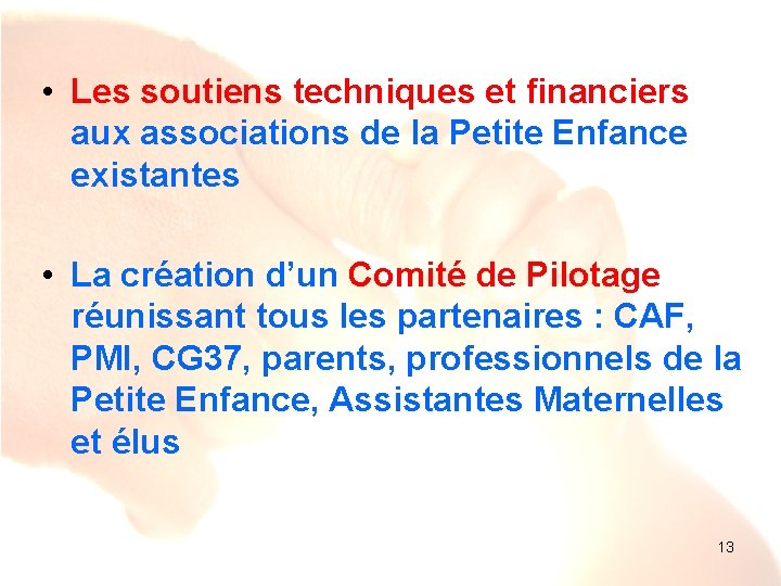  • Les soutiens techniques et financiers aux associations de la Petite Enfance existantes