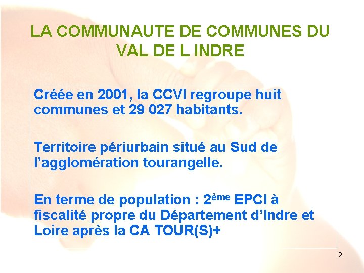 LA COMMUNAUTE DE COMMUNES DU VAL DE L INDRE Créée en 2001, la CCVI