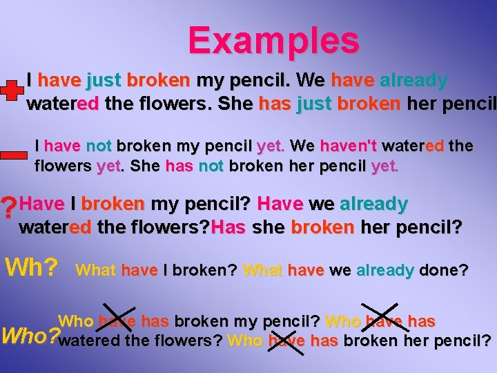 Examples I have just broken my pencil. We have already watered the flowers. She