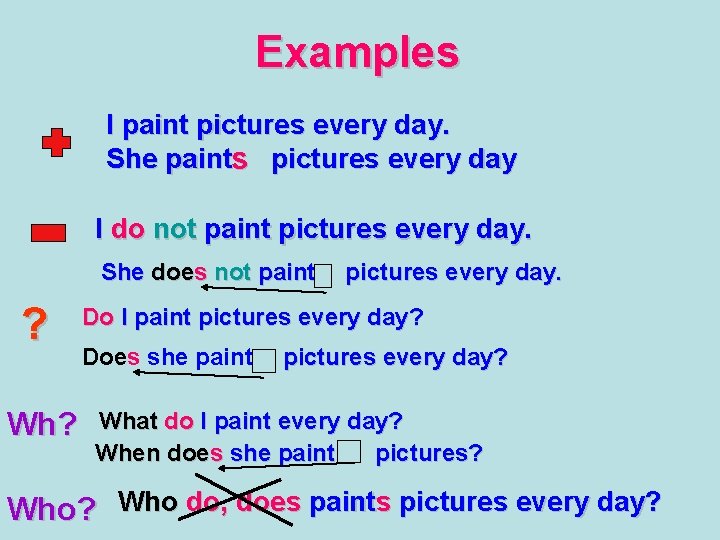 Examples I paint pictures every day. She paints pictures every day I do not