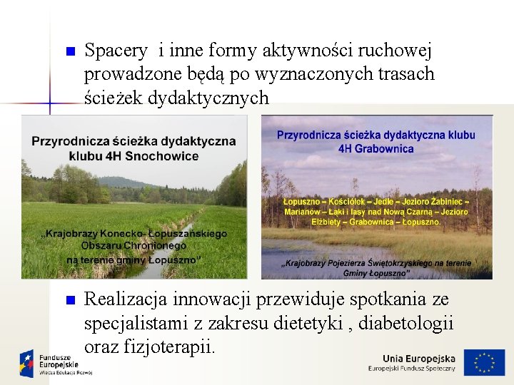 n Spacery i inne formy aktywności ruchowej prowadzone będą po wyznaczonych trasach ścieżek dydaktycznych