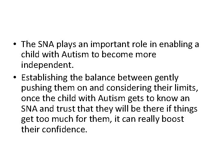  • The SNA plays an important role in enabling a child with Autism