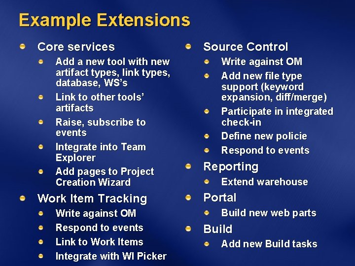 Example Extensions Core services Add a new tool with new artifact types, link types,