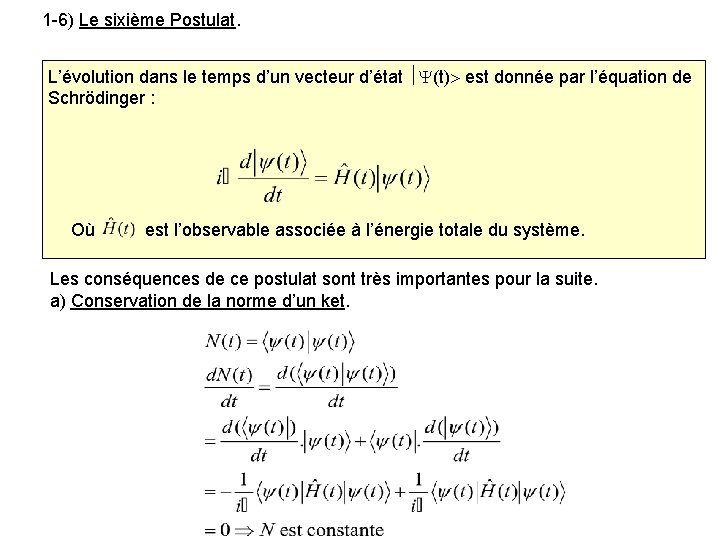 1 -6) Le sixième Postulat. L’évolution dans le temps d’un vecteur d’état (t) est