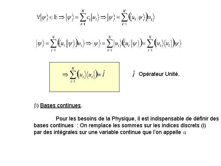  Opérateur Unité. ) Bases continues. Pour les besoins de la Physique, il est