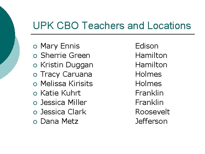 UPK CBO Teachers and Locations ¡ ¡ ¡ ¡ ¡ Mary Ennis Sherrie Green