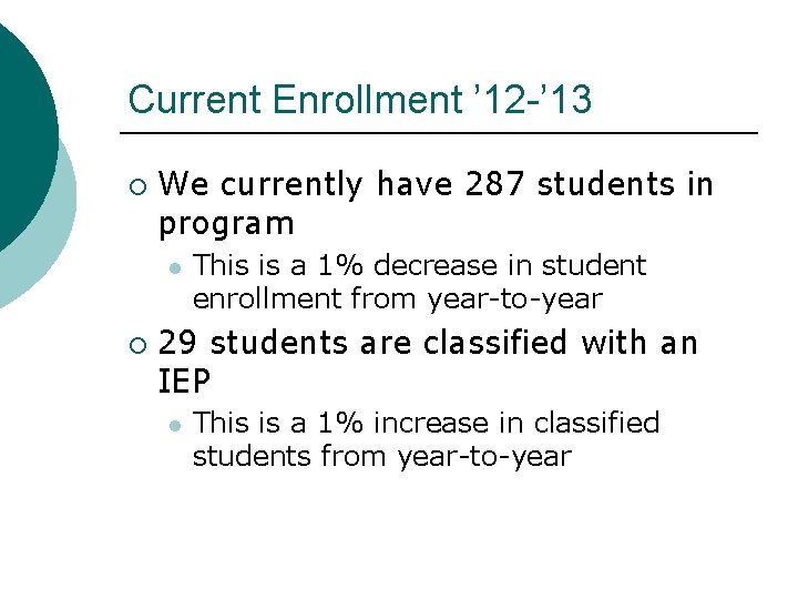 Current Enrollment ’ 12 -’ 13 ¡ We currently have 287 students in program