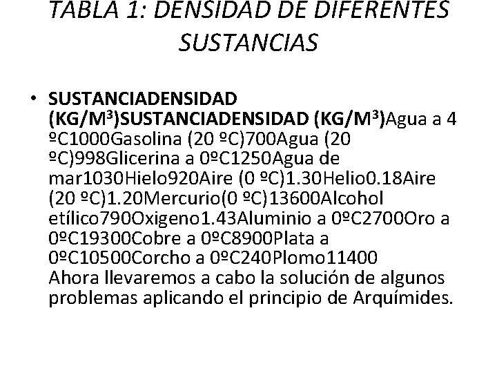 TABLA 1: DENSIDAD DE DIFERENTES SUSTANCIAS • SUSTANCIADENSIDAD (KG/M 3)Agua a 4 ºC 1000