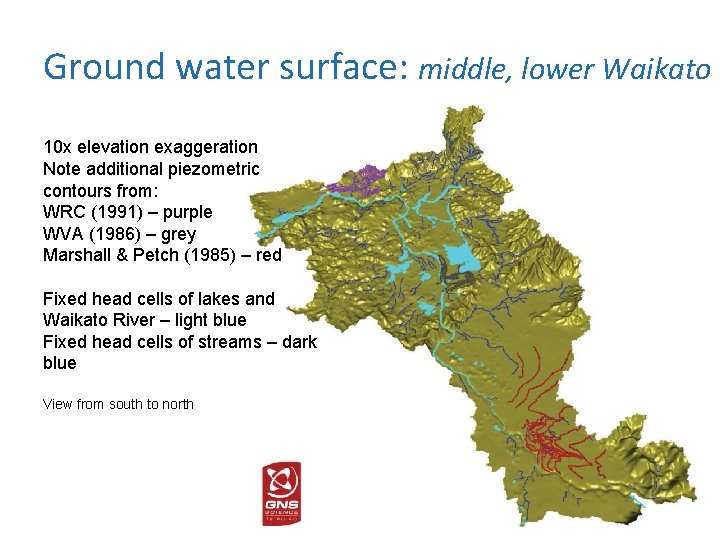 Ground water surface: middle, lower Waikato 10 x elevation exaggeration Note additional piezometric contours