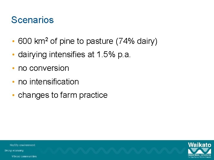 Scenarios • 600 km 2 of pine to pasture (74% dairy) • dairying intensifies