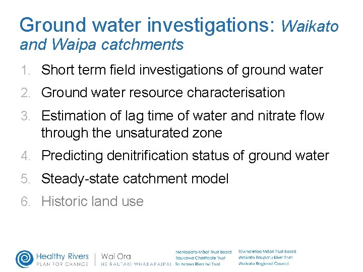 Ground water investigations: Waikato and Waipa catchments 1. Short term field investigations of ground