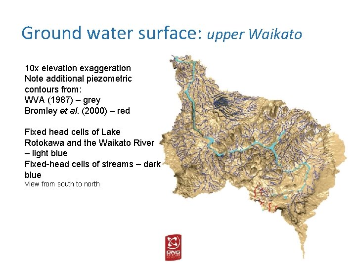 Ground water surface: upper Waikato 10 x elevation exaggeration Note additional piezometric contours from: