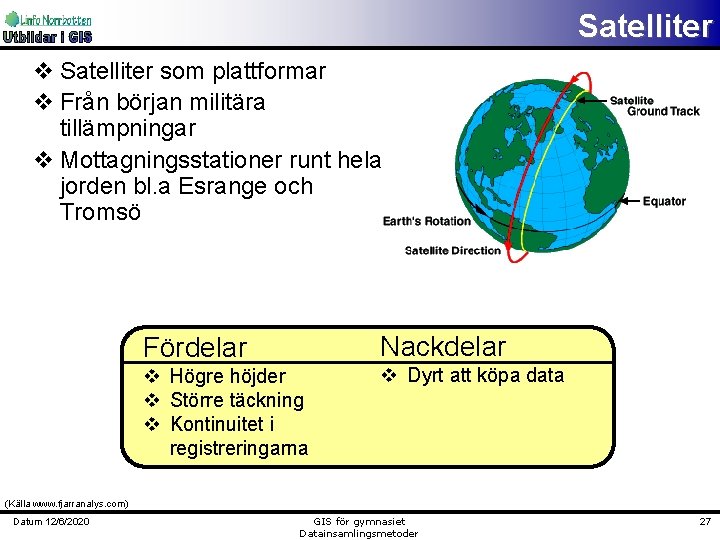 Satelliter v Satelliter som plattformar v Från början militära tillämpningar v Mottagningsstationer runt hela