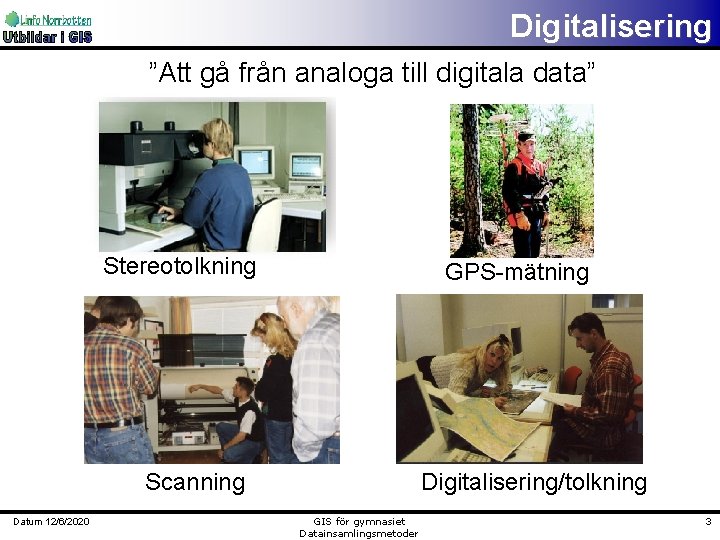 Digitalisering ”Att gå från analoga till digitala data” Stereotolkning GPS-mätning Scanning Datum 12/6/2020 Digitalisering/tolkning