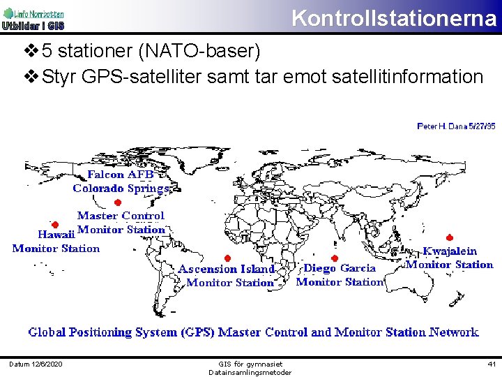 Kontrollstationerna v 5 stationer (NATO-baser) v Styr GPS-satelliter samt tar emot satellitinformation Datum 12/6/2020