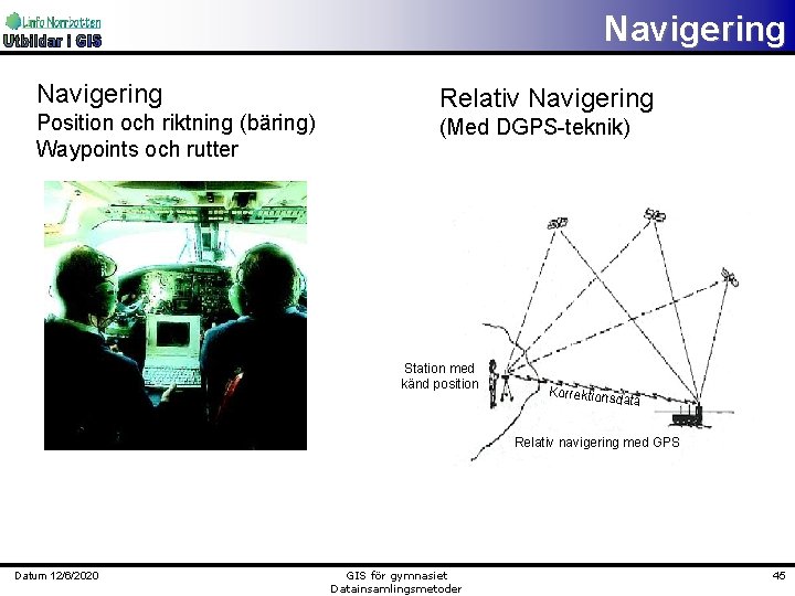 Navigering Position och riktning (bäring) Waypoints och rutter Relativ Navigering (Med DGPS-teknik) Station med