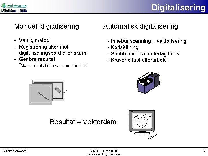 Digitalisering Manuell digitalisering Automatisk digitalisering - Vanlig metod - Registrering sker mot digitaliseringsbord eller