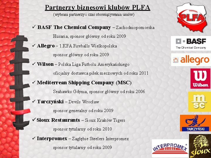 Partnerzy biznesowi klubów PLFA (wybrani partnerzy i czas obowiązywania umów) ü BASF The Chemical Partnerzy biznesowi klubów PLFA (wybrani partnerzy i czas obowiązywania umów) ü BASF The Chemical