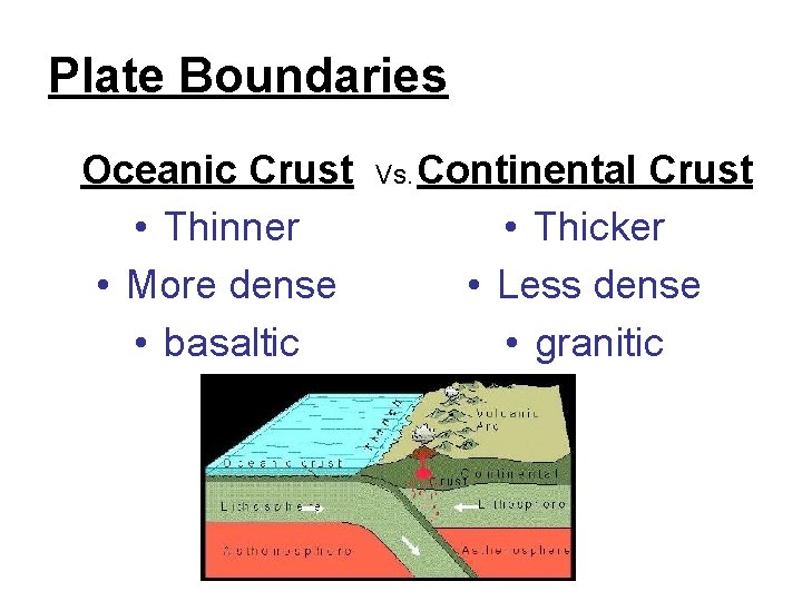 Plate Boundaries Oceanic Crust • Thinner • More dense • basaltic Vs. Continental Crust