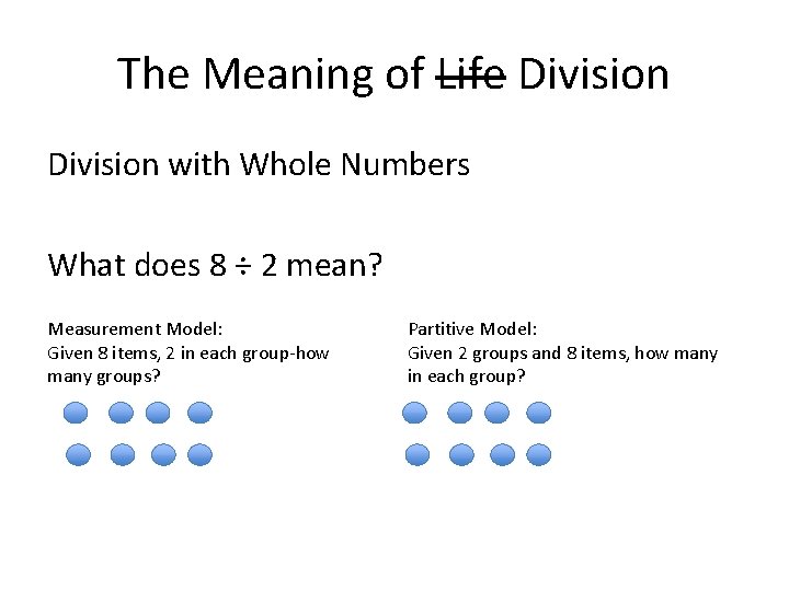 The Meaning of Life Division with Whole Numbers What does 8 ÷ 2 mean?