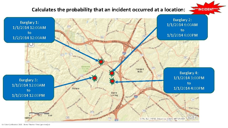 Calculates the probability that an incident occurred at a location: Burglary 1: 1/1/2014 12: