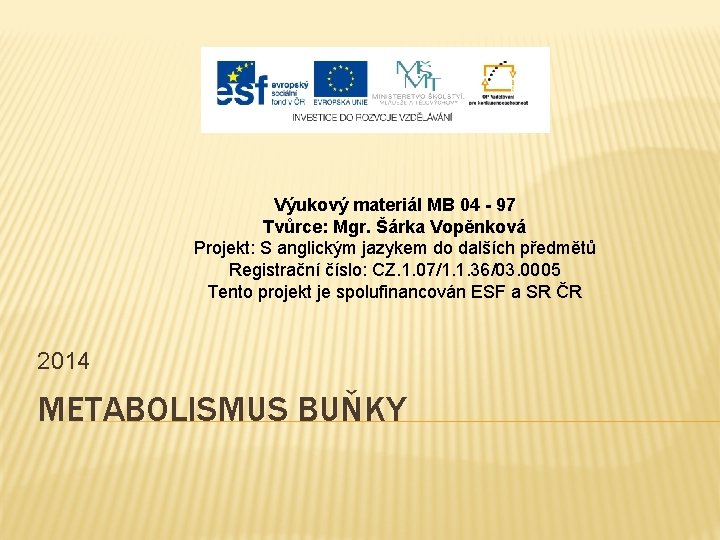 Výukový materiál MB 04 - 97 Tvůrce: Mgr. Šárka Vopěnková Projekt: S anglickým jazykem