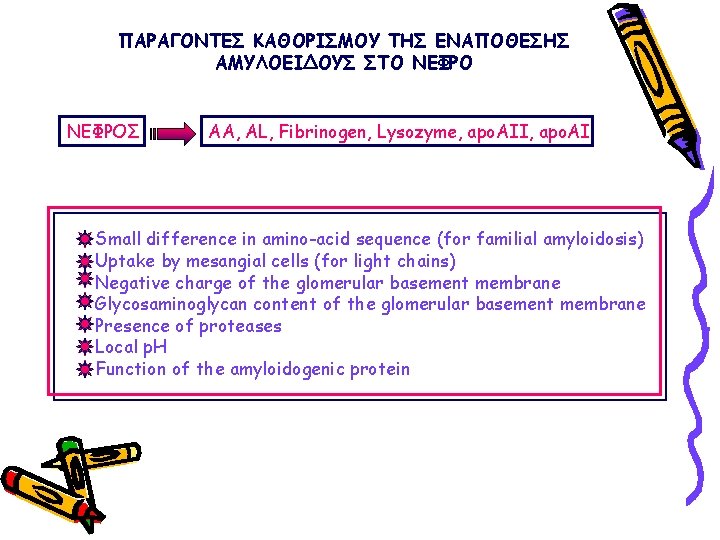 ΠΑΡΑΓΟΝΤΕΣ ΚΑΘΟΡΙΣΜΟΥ ΤΗΣ ΕΝΑΠΟΘΕΣΗΣ ΑΜΥΛΟΕΙΔΟΥΣ ΣΤΟ ΝΕΦΡΟΣ ΑΑ, AL, Fibrinogen, Lysozyme, apo. AII, apo.