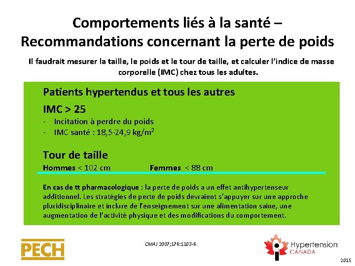 Comportements liés à la santé – Recommandations concernant la perte de poids Il faudrait