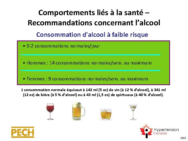 Comportements liés à la santé – Recommandations concernant l’alcool Consommation d'alcool à faible risque