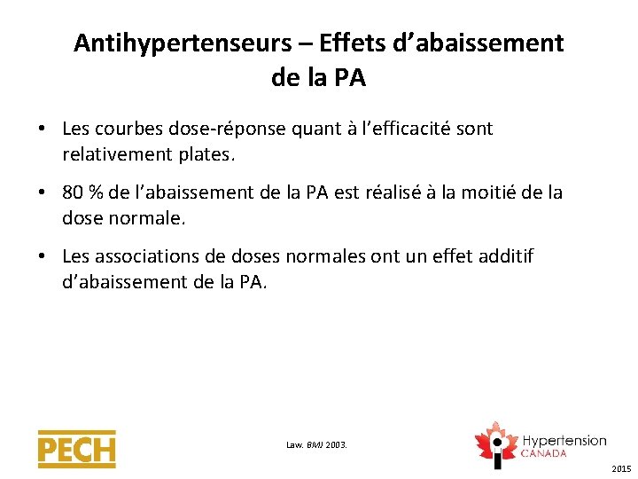 Antihypertenseurs – Effets d’abaissement de la PA • Les courbes dose-réponse quant à l’efficacité