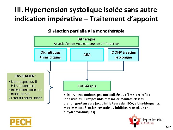 III. Hypertension systolique isolée sans autre indication impérative – Traitement d’appoint Si réaction partielle