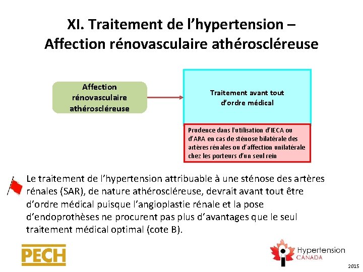 XI. Traitement de l’hypertension – Affection rénovasculaire athéroscléreuse Traitement avant tout d’ordre médical Prudence