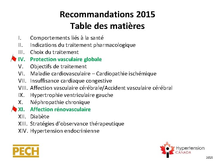 Recommandations 2015 Table des matières I. III. IV. V. VIII. IX. X. XIII. XIV.