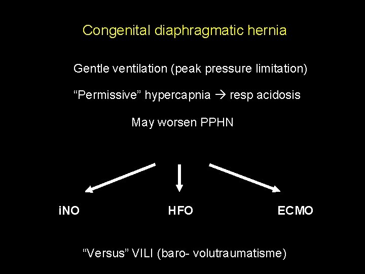 Congenital diaphragmatic hernia Gentle ventilation (peak pressure limitation) “Permissive” hypercapnia resp acidosis May worsen