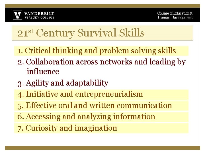 21 st Century Survival Skills 1. Critical thinking and problem solving skills 2. Collaboration