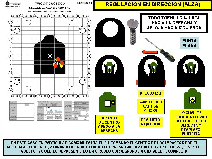 REGULACIÓN EN DIRECCIÓN (ALZA) TODO TORNILLO AJUSTA HACIA LA DERECHA Y AFLOJA HACIA IZQUIERDA