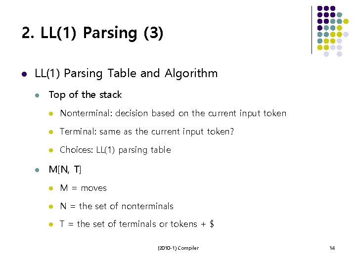 2. LL(1) Parsing (3) l LL(1) Parsing Table and Algorithm l l Top of