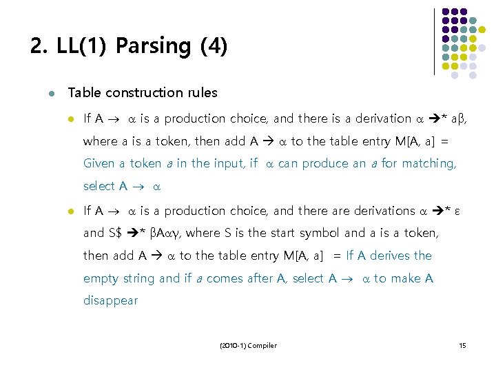 2. LL(1) Parsing (4) l Table construction rules l If A is a production