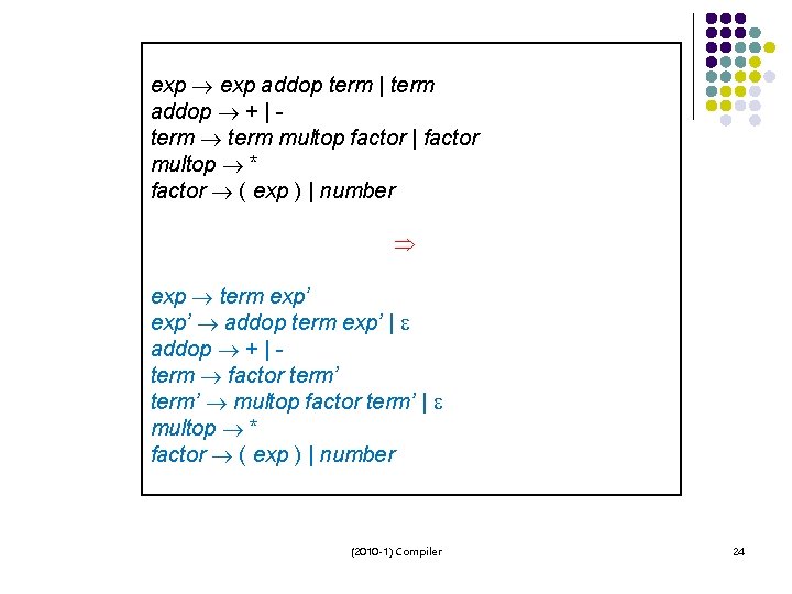 exp addop term | term addop + | term multop factor | factor multop