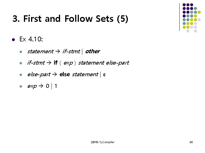 3. First and Follow Sets (5) l Ex 4. 10: l statement if-stmt |
