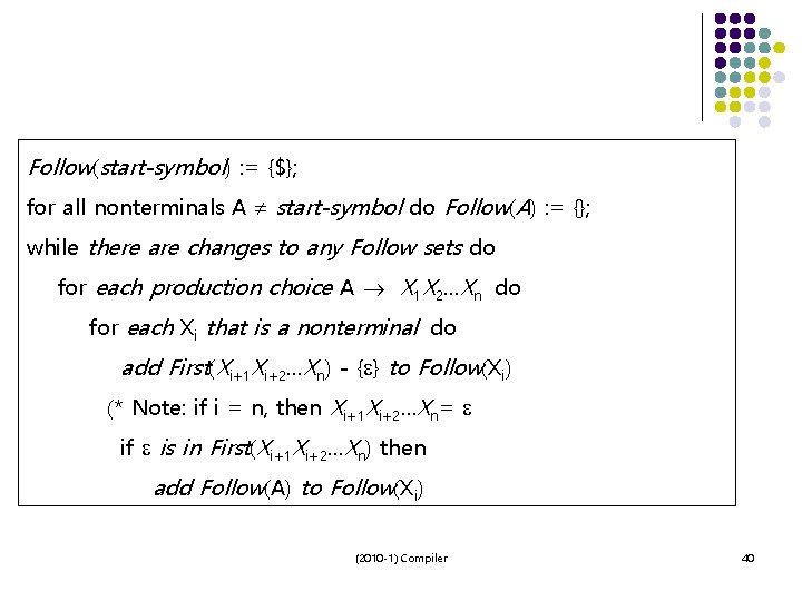 Follow(start-symbol) : = {$}; for all nonterminals A start-symbol do Follow(A) : = {};