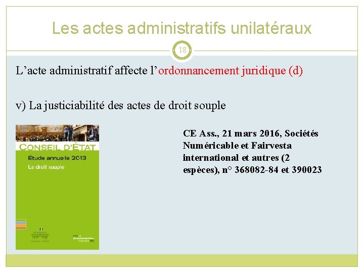 Les actes administratifs unilatéraux 18 L’acte administratif affecte l’ordonnancement juridique (d) v) La justiciabilité