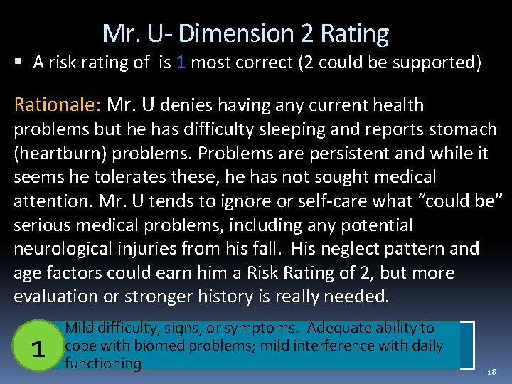 Mr. U- Dimension 2 Rating A risk rating of is 1 most correct (2
