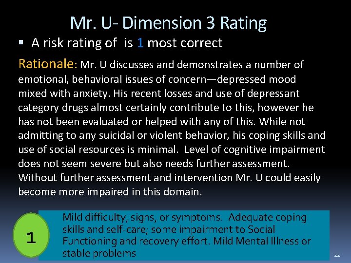 Mr. U- Dimension 3 Rating A risk rating of is 1 most correct Rationale: