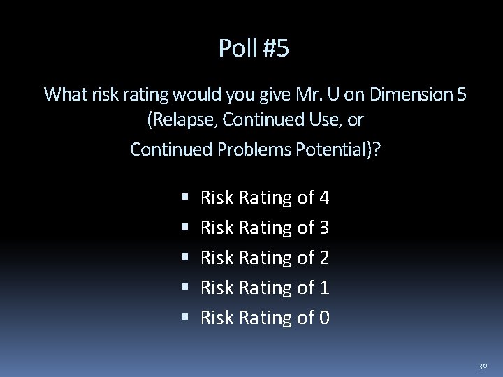 Poll #5 What risk rating would you give Mr. U on Dimension 5 (Relapse,